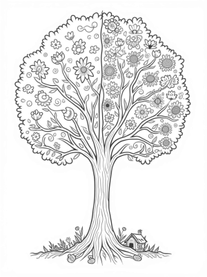 Four Seasons Tree with Spring Blossoms, Summer Sunflowers, Autumn Leaves, and Winter Snow