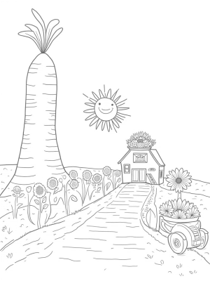 Giant Carrot and Singing Sunflowers on a Colorful Farm