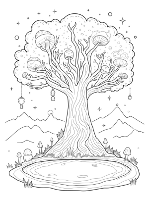 Majestic Tree with Glowing Runes and Iridescent Mushrooms