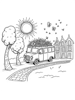 Giant Colorful Bus and Flower Garden