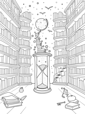 Enchanted Library with Floating Tomes and Stardust Hourglass