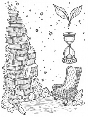 Floating Library with Magical Creatures and Quills