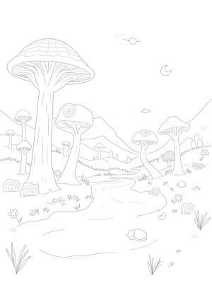 Mushroom Trees and Star-Petal Flowers Landscape