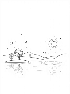 Serene Lake with Colorful Balloon Circles