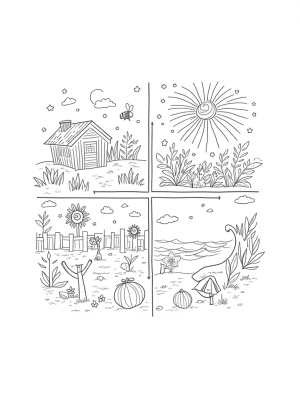 Four Seasons Landscape with Cozy Cabin, Flowers, Pumpkins, and Beach Fun