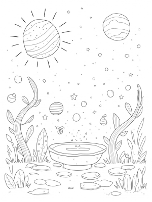 Celestial Garden with Colorful Planets and Moons