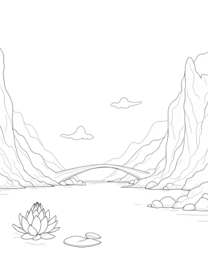 Serene Lake with Lotus and Twisting Mountains