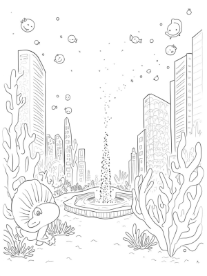 Underwater City with Coral Skyscrapers and a Shark Fountain