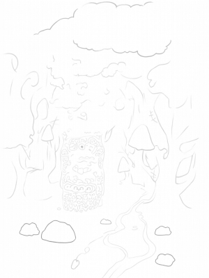 Whimsical Forest with Gruffalo Rock and Cartoonish Eyes