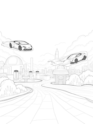 Futuristic Cityscape with Floating Lamborghini Cars