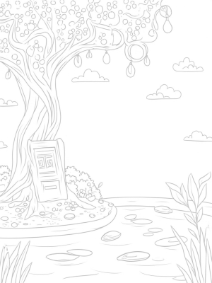 Tranquil Garden with Colorful Fruits and Spiraled Tree