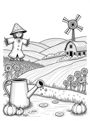 Colorful Farm Landscape with Scarecrow and Apple Barn