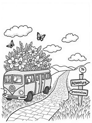 Garden Bus with Mosaic Tiles and Giant Flowers