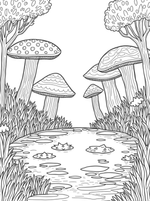 Gigantic Flowers and a Shimmering Pond in the Forest Clearing