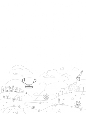 Teacup Airship and Colorful Village Scene