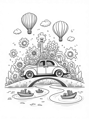 Giant Vintage Car Factory with Floating Gears and Hot Air Balloon