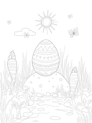 Whimsical Garden with Colorful Eggs and Butterflies