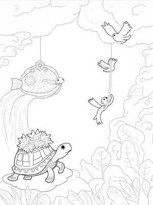 Jungle Tortoise with a Miniature Garden and Colorful Birds