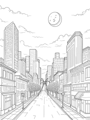 Urban Skyline with Twisting Skyscrapers and Giant Spider