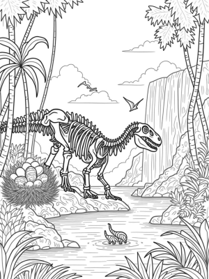 Prehistoric Jungle with Dinosaur Skeleton and Playful Dinos