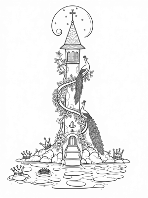 Princess Tower with a Regal Peacock and Shimmering Pond