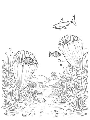 Underwater Garden with Seashells and a Shark