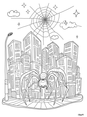 Skyscraper City with Cartoon Spiders and Comic Panels