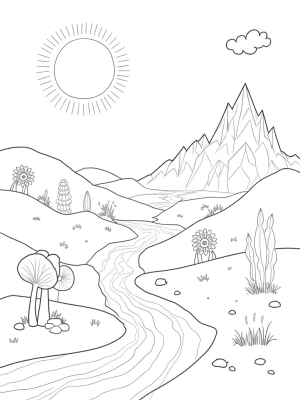 Whimsical Hills with Mushrooms and Dandelions