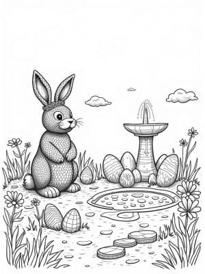 Giant Bunny and Colorful Eggs in a Garden