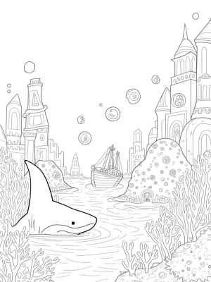 Underwater City with Coral Castles and a Shark Fin