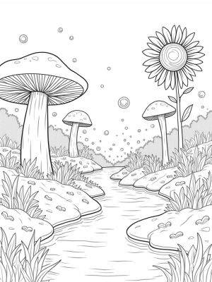 Oversized Mushrooms and a Gentle Stream in a Forest Clearing