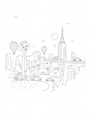 Cityscape with Hot Air Balloons and Vintage Car Skyscrapers