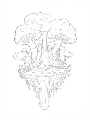 Floating Island With Giant Mushrooms and Waterfall