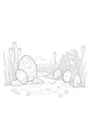 Giant Decorated Egg in a Meadow of Tulips and Jellybeans
