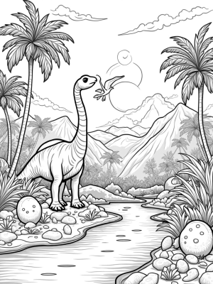 Brontosaurus and Pterodactyls in a Prehistoric Jungle