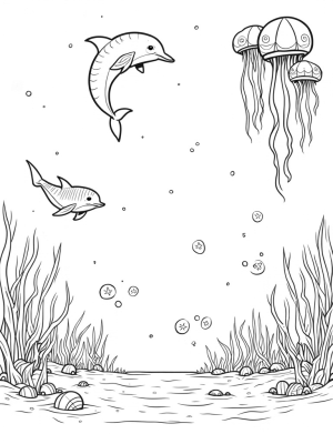 Musical Note Coral Reef with Dolphins and Jellyfish