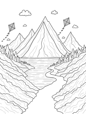 Giant Triangle Mountain with Waterfalls and Kites
