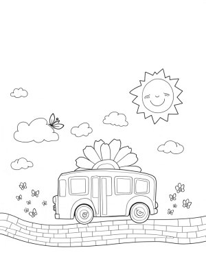 Sunflower-Shaped Bus Rolling on Rainbow Road