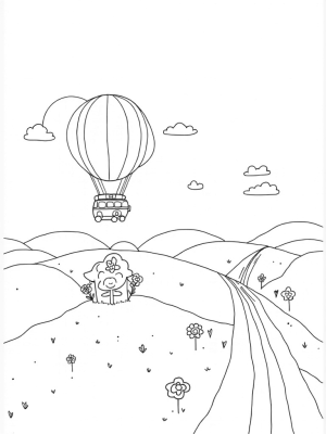 Bus-Shaped Hot Air Balloon Over Colorful Hills