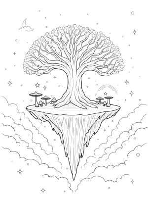 Floating Island with a Colossal Tree and Starry Leaves