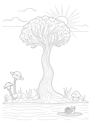 Spiraling Tree with Colorful Lantern Flowers