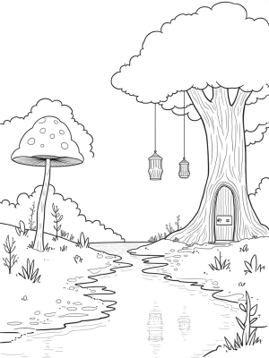 Magical Forest Clearing with Giant Mushrooms and Lanterns