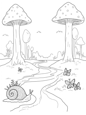 Oversized Mushrooms and a Snail Garden in a Whimsical Forest