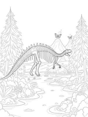 Prehistoric Jungle with Dinosaur Skeleton and Butterflies