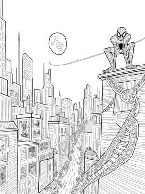 Cityscape with Twisting Skyscrapers and Spider Emblem