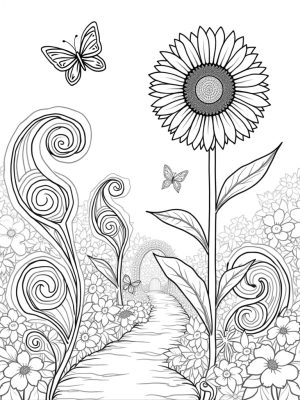 Giant Spiraled Flowers and a Colossal Sunflower in a Whimsical Garden