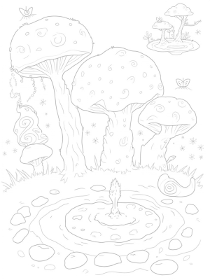 Oversized Mushrooms and a Sparkling Fountain