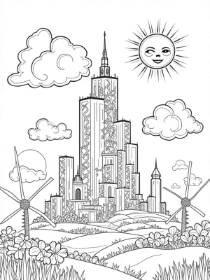 Colossal Cityscape with Giant Walls and Whimsical Sun