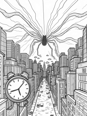 Twilight Urban Skyline with Spider Webs and Comic Panels