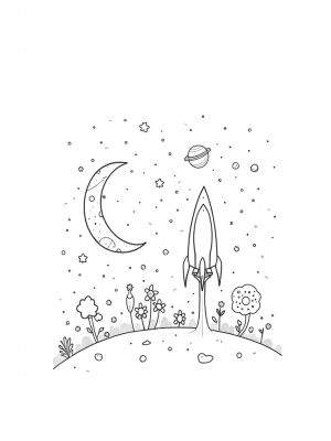 Celestial Garden with Flowering Planets and a Rocket Ship Tree